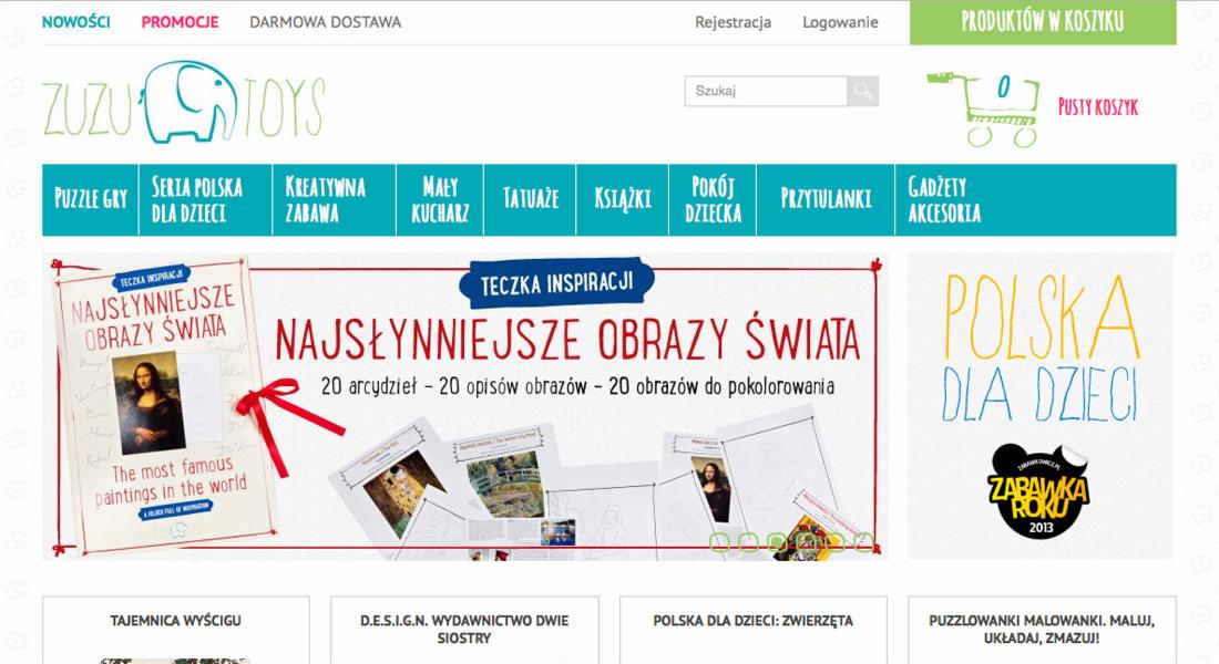 Strona główna sklepu internetowego Zuzu Toys z nawigacją, ofertami i produktami, w tym 'Teczka Inspiracji: Najsłynniejsze Obrazy Świata' oraz 'Polska dla Dzieci'.