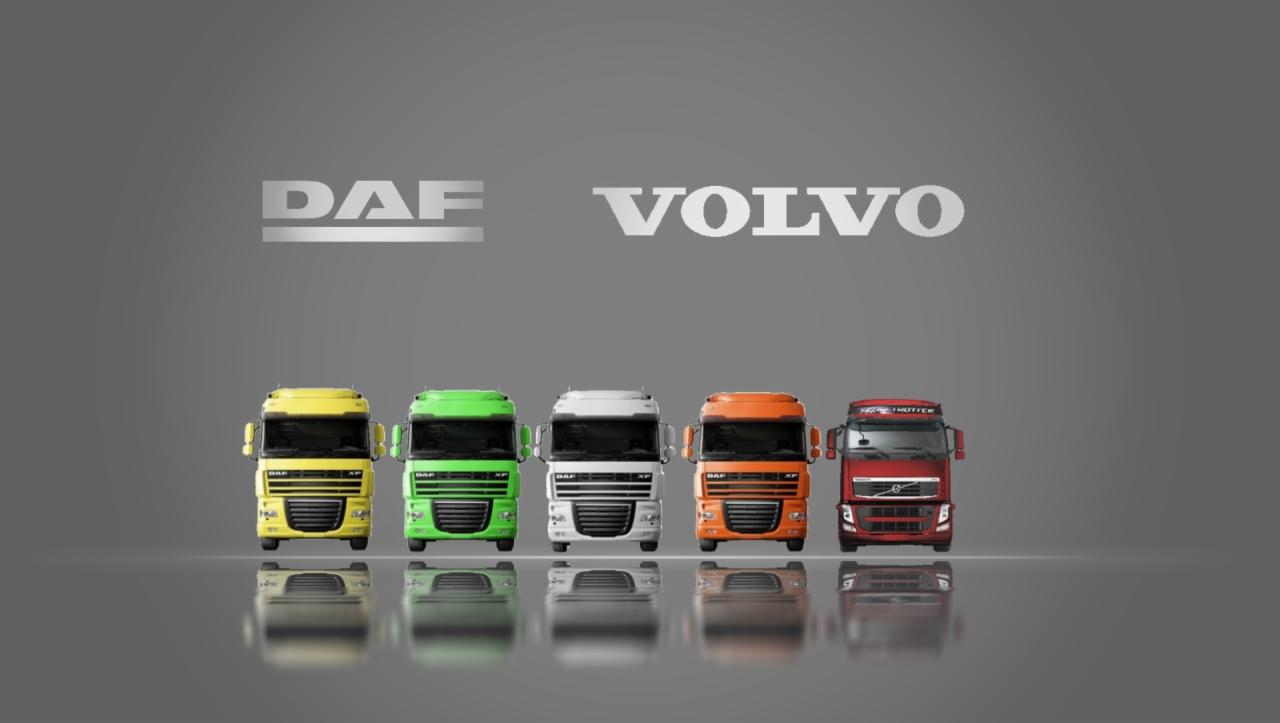 Rząd kolorowych ciężarówek DAF i Volvo (żółta, zielona, biała, pomarańczowa, czerwona) z widocznymi logotypami marek na szarym tle.
