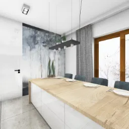 Wizualizacja nowoczesnej, jasnej kuchni z wyspą z drewnianym blatem, nakrytym dla czterech osób, z dekoracyjną tapetą w odcieniach szarości i błękitu oraz wiszącą lampą z doniczkami.