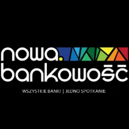 Logo firmy oferującej nową bankowość, z kolorowymi trójkątami powyżej napisu i hasłem 'Wszystkie banki | Jedno spotkanie' na czarnym tle.