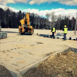 Żółta koparko-ładowarka CAT na placu budowy, w tle dwaj robotnicy w kamizelkach odblaskowych układający krawężniki, obok stosy kostki brukowej i świeżo ułożona nawierzchnia z kostki. W tle widoczny...