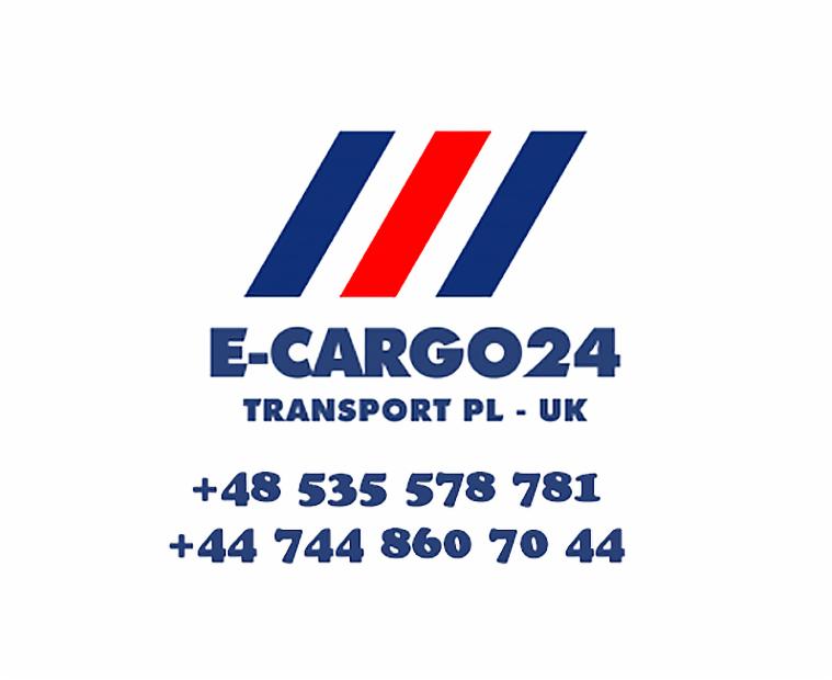 Logo firmy E-Cargo24 z trzema ukośnymi pasami (dwa niebieskie i jeden czerwony) oraz numerami telefonów kontaktowych dla Polski i Wielkiej Brytanii.