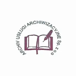 Logo firmy Archiwum Usługi Archiwizacyjne Sp. z o.o. przedstawiające otwartą księgę z piórem, umieszczone w okręgu z nazwą firmy.