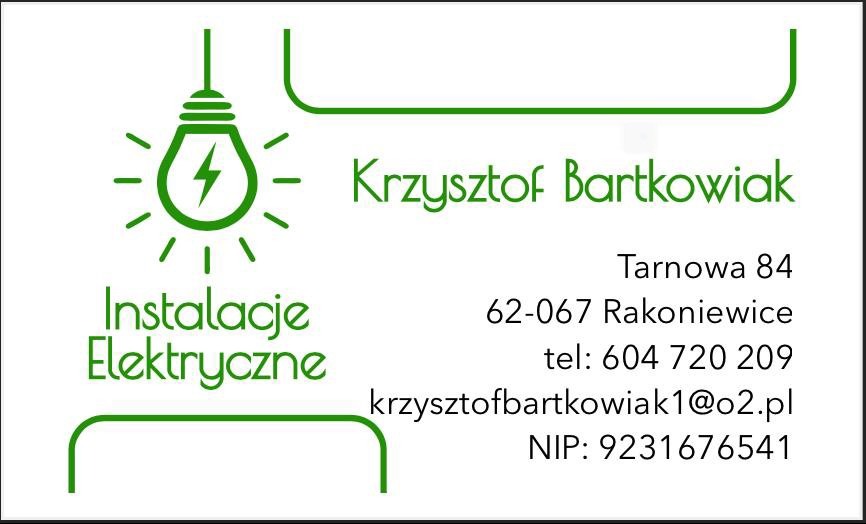 Wizytówka firmy Krzysztof Bartkowiak oferującej instalacje elektryczne, z adresem, numerem telefonu, adresem e-mail i NIP, ozdobiona graficznym symbolem żarówki.
