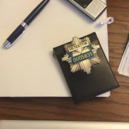 Legitymacja detektywa z numerem 0005831 leżąca na czarnym skórzanym etui, obok pliku dokumentów, długopisu, dyktafonu i pliku banknotów dwudziestofuntowych na drewnianym biurku.