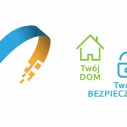 Logo firmy z motywem wstęgi w kolorach niebieskim, zielonym i pomarańczowym, hasłem 'Twoje Bezpieczeństwo' oraz ikonami domu, kłódki i teczki.