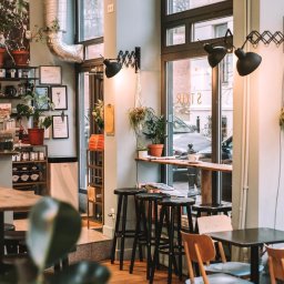 Budekspert - Kawiarnia z drewnianymi stołkami barowymi, roślinami doniczkowymi i czarnymi lampami akcentującymi, widok na ulicę przez okno z napisem 'STOR'.