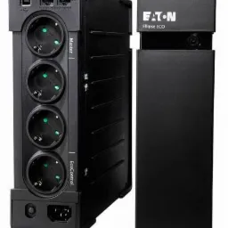 Czarny zasilacz awaryjny Eaton Ellipse ECO z czterema gniazdami zasilającymi i portami USB/Ethernet, widoczne logo producenta.