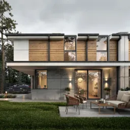 Wizualizacja nowoczesnego domu z elewacją z betonu architektonicznego i drewnianymi panelami, taras z meblami ogrodowymi, oświetlenie zewnętrzne, samochód w tle.