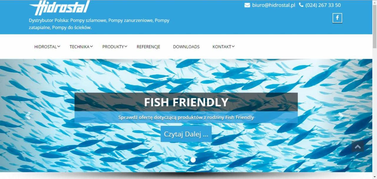 Strona internetowa firmy Hidrostal, dystrybutora pomp szlamowych, zanurzeniowych i do ścieków, z motywem ryb i hasłem 'Fish Friendly'.