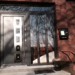 Nowoczesne, grafitowe drzwi wejściowe z przeszkleniem, wkomponowane w czerwoną ceglaną elewację budynku, z widocznymi skrzynkami pocztowymi po obu stronach.