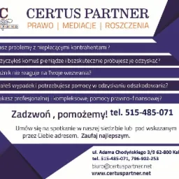 Grafika reklamowa kancelarii prawnej Certus Partner z Kalisza, oferującej pomoc w odzyskiwaniu należności, odszkodowań i mediacjach, z widocznym logo, adresem i numerami telefonów.