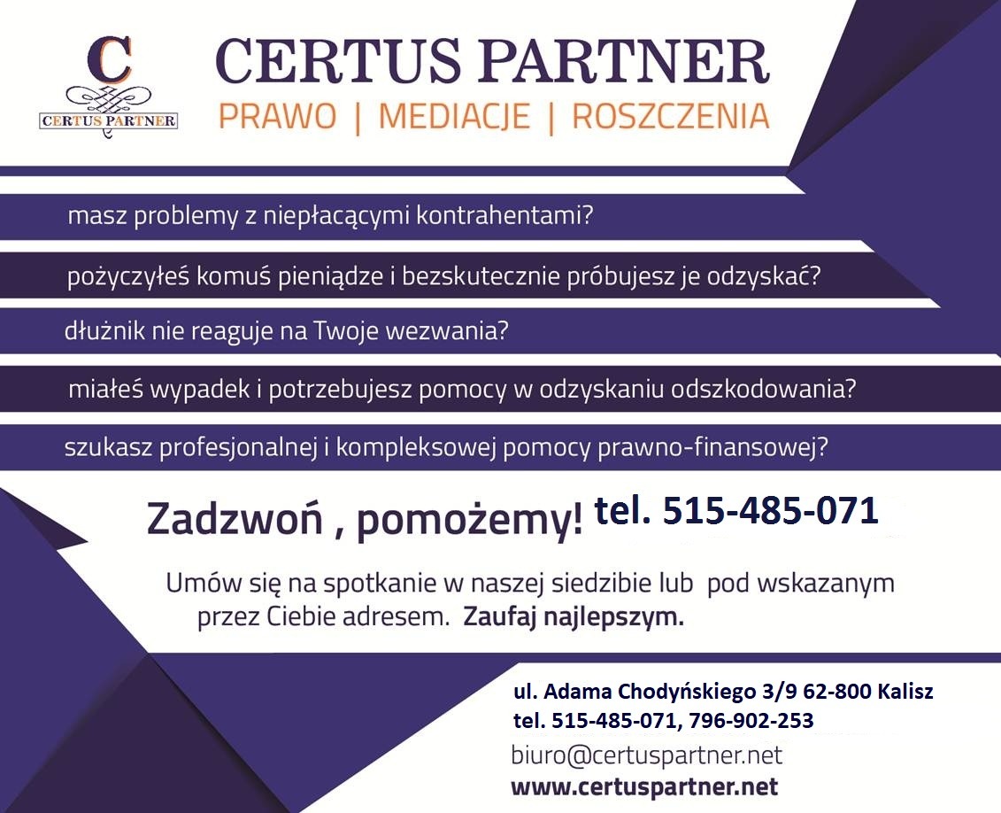 Grafika reklamowa kancelarii prawnej Certus Partner z Kalisza, oferującej pomoc w odzyskiwaniu należności, odszkodowań i mediacjach, z widocznym logo, adresem i numerami telefonów.