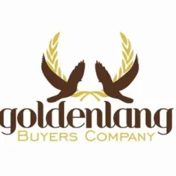 Logo firmy Goldenlang Buyers Company z dwoma brązowymi ptakami i złotymi gałązkami oliwnymi na białym tle.