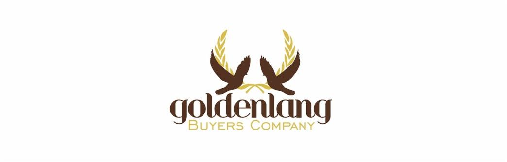 Logo firmy Goldenlang Buyers Company z dwoma brązowymi ptakami i złotymi gałązkami oliwnymi na białym tle.