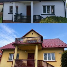 Zając Dachy S.C. J.Zając - Porównanie dwóch domów: biały z czarnym dachem i żółty z czerwonym dachem. Oba z balkonami i schodami. Ukazane zmiany w wyglądzie.