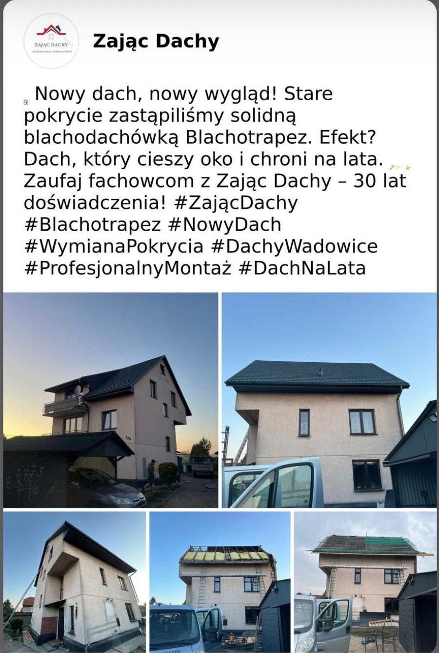 Wymiana dachu z blachodachówki Blachotrapez. Na kolażu dom przed i po wymianie pokrycia dachowego. Nowy dach w kolorze grafitowym, widok z różnych perspektyw.