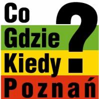 Grafika z pytajnikami i hasłami 'Co Gdzie Kiedy Poznań' na poziomych pasach w kolorach zielonym, żółtym i czerwonym.