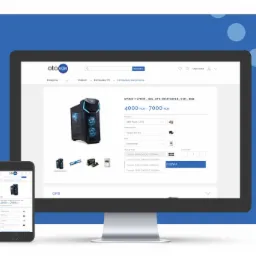 Prezentacja strony internetowej sklepu z komputerami stacjonarnymi na monitorze i smartfonie, widoczny konfigurator PC z wyborem podzespołów.