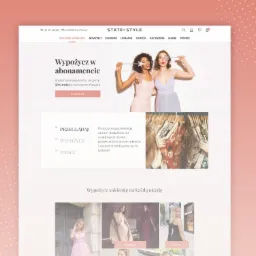 Projekt strony internetowej sklepu z odzieżą, prezentujący dwie modelki z rekwizytami oraz ofertę abonamentową na wypożyczanie sukienek.