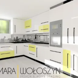Wizualizacja nowoczesnej kuchni z białymi szafkami i żółtymi akcentami, z motywem panoramy miasta na ścianie nad blatem, prezentowana z logo firmy Dagmara Wołoszyn Design & Home Staging.