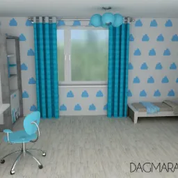 Wizualizacja pokoju dziecięcego w odcieniach błękitu i szarości z motywem chmurek i królików, zawierająca biurko, krzesło, łóżko i szafę.