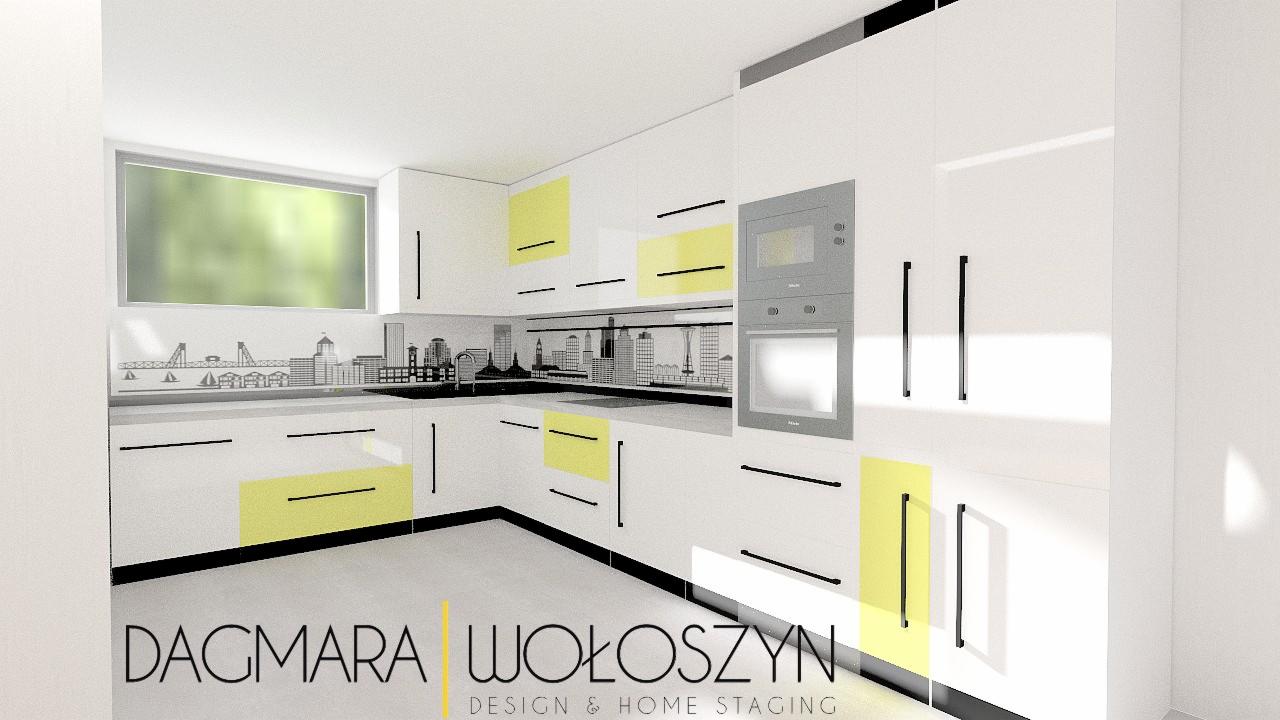 Wizualizacja nowoczesnej kuchni z białymi szafkami i żółtymi akcentami, z motywem panoramy miasta na ścianie nad blatem, prezentowana z logo firmy Dagmara Wołoszyn Design & Home Staging.