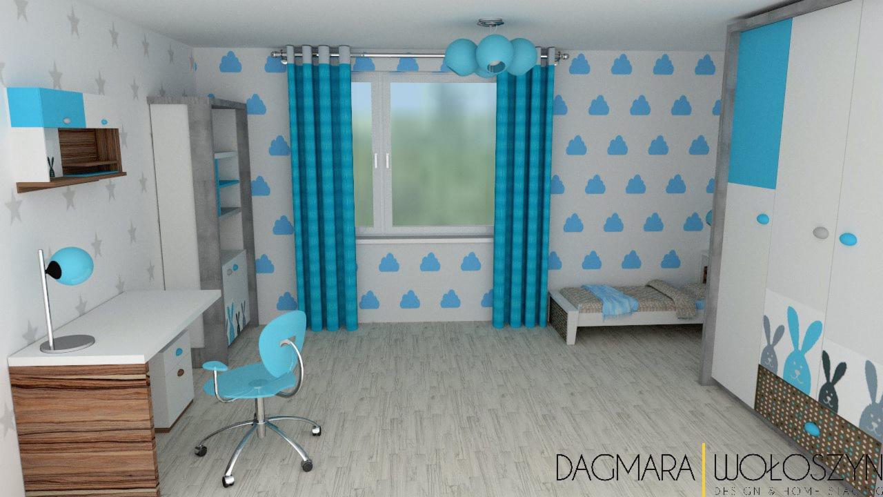 Wizualizacja pokoju dziecięcego w odcieniach błękitu i szarości z motywem chmurek i królików, zawierająca biurko, krzesło, łóżko i szafę.