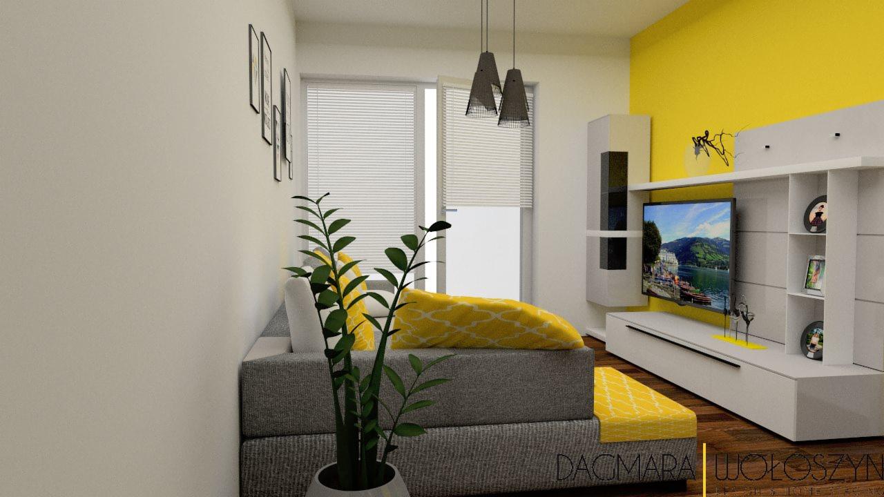 Wizualizacja wnętrza salonu z szarą sofą, żółtymi akcentami i nowoczesną meblościanką z telewizorem, oświetlona wiszącymi lampami.