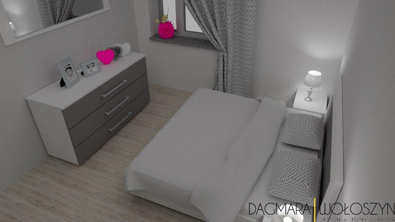 Wizualizacja sypialni w odcieniach szarości i bieli, z łóżkiem, szafką nocną z lampką, komodą z ramkami i dekoracjami oraz zasłoną w zygzaki.