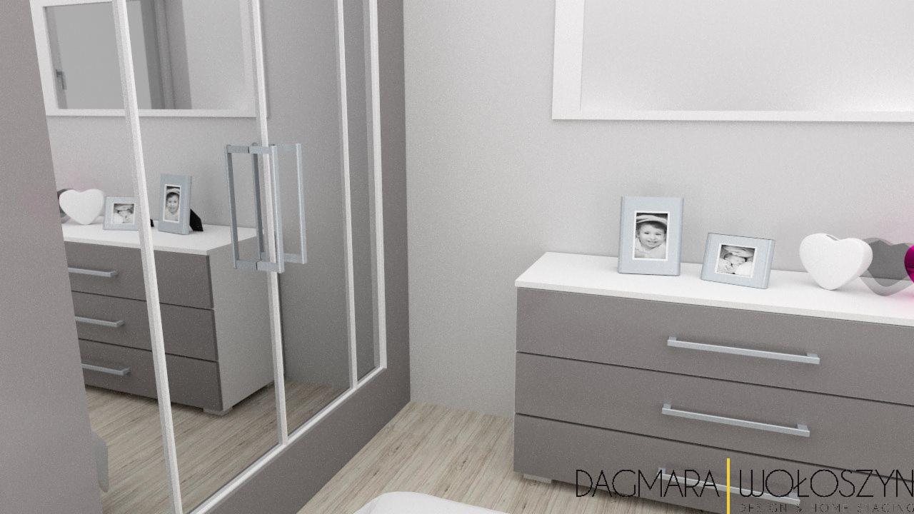 Wizualizacja sypialni dziecięcej z szaro-białą komodą, ramkami ze zdjęciami i dekoracyjnymi sercami na blacie, widoczne odbicie komody w lustrzanych drzwiach szafy.