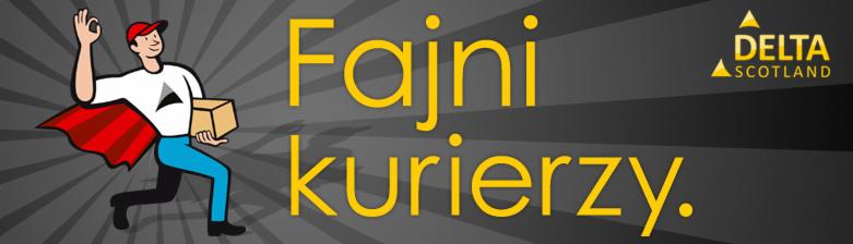 Ilustracja: Uśmiechnięty kurier z paczką, ubrany w czerwoną pelerynę i czapkę, wykonuje gest OK. W tle napis 'Fajni kurierzy' i logo firmy Delta Scotland.