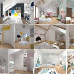 Wizualizacje różnorodnych, nowoczesnych pokojów dziecięcych z motywami kosmicznymi, zwierzęcymi i pastelowymi kolorami, przedstawiające aranżacje z łóżkami piętrowymi, biurkami, miejscami do zabawy...