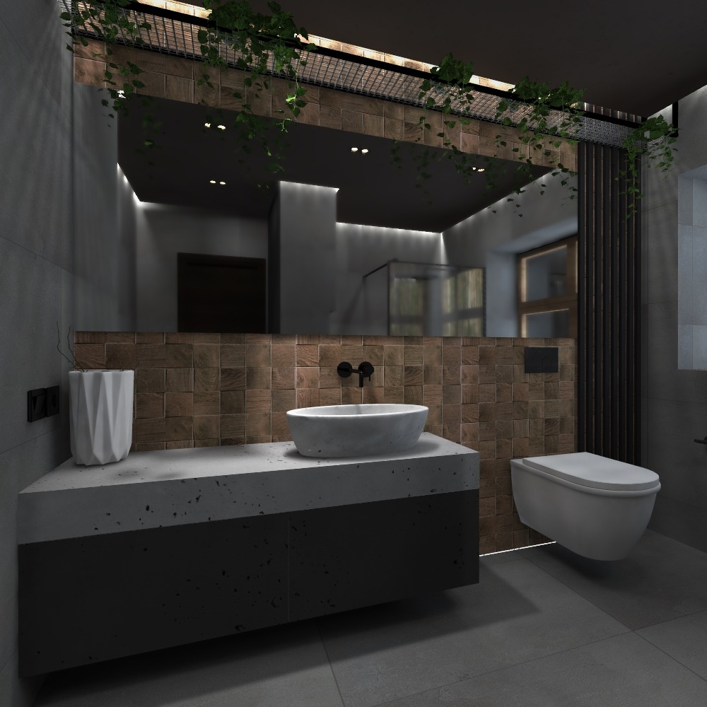 Nowoczesna łazienka z drewnianą mozaiką na ścianie, umywalką nablatową na betonowym blacie, wiszącą toaletą i roślinami zwisającymi z sufitu.