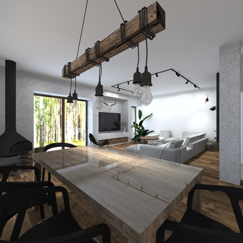 Nowoczesne wnętrze salonu z jadalnią, drewniany stół z czarnymi krzesłami na pierwszym planie, w tle kominek i strefa wypoczynkowa z szarą sofą, oświetlenie z surowego drewna z żarówkami edisona.