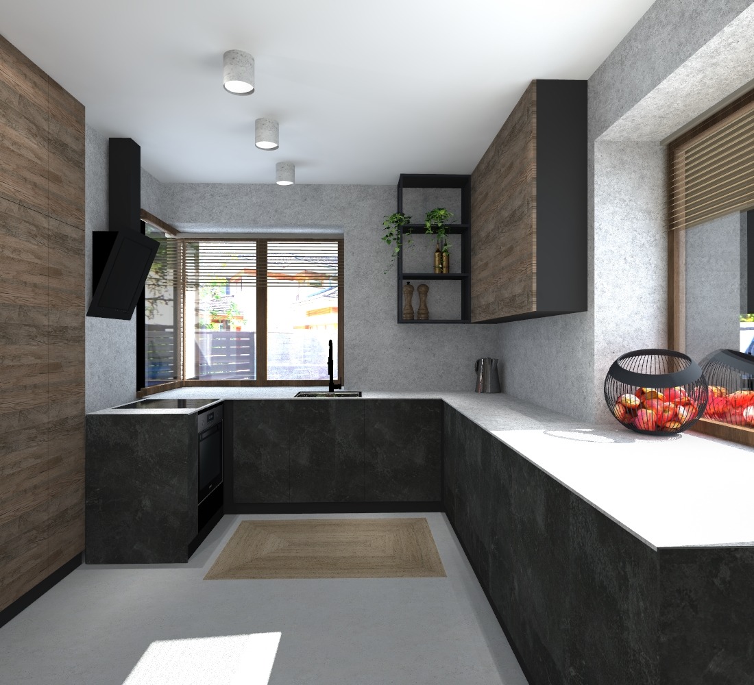 Wizualizacja nowoczesnej kuchni w szarościach i brązach z czarnymi akcentami, z blatem z białego kamienia, widok na okno z żaluzjami i koszem z owocami na parapecie.