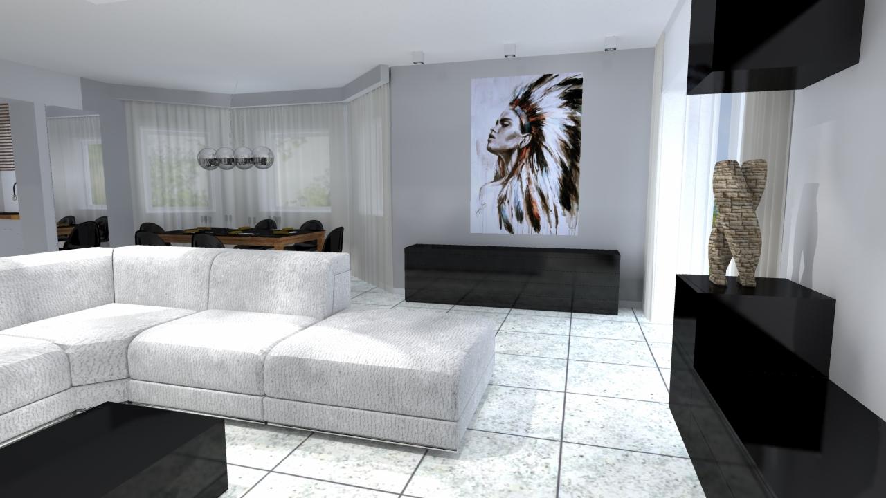 Jasny salon z narożną sofą, czarną komodą i obrazem kobiety w pióropuszu na ścianie, widoczny stół jadalny z krzesłami w tle.