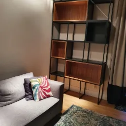 Regał metalowy z drewnianymi wstawkami, stojący obok szarej sofy z dekoracyjnymi poduszkami, na tle wzorzystego dywanu.