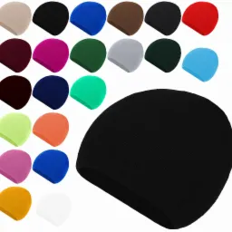 Kolekcja dzianinowych czapek w różnych kolorach, prezentowana na białym tle, z dominującą czarną czapką na pierwszym planie.