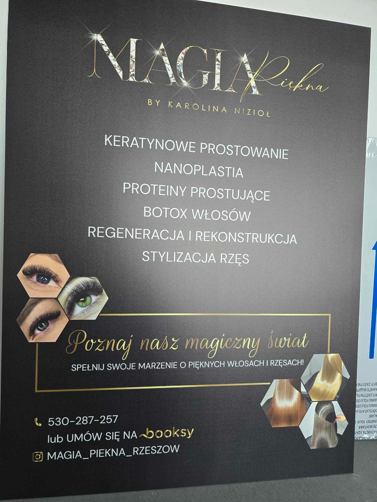 Plakat reklamowy salonu urody Magia Piękna oferującego keratynowe prostowanie, nanoplastię, botox włosów, regenerację, rekonstrukcję i stylizację rzęs, z elementami graficznymi przedstawiającymi...