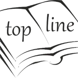 Stylizowana grafika otwartej książki z napisem 'top line' na stronach, wykonana w czerni i bieli.