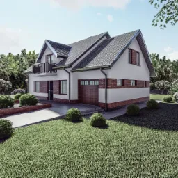 Dwukondygnacyjny dom jednorodzinny z balkonem w Kielcach, z garażem w bryle budynku, wykończony cegłą klinkierową i białym tynkiem, otoczony zielenią i zadbanym trawnikiem.