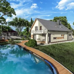 Wizualizacja domu jednorodzinnego z basenem, drewnianym pomostem i balkonem z szklaną balustradą w słoneczny dzień.