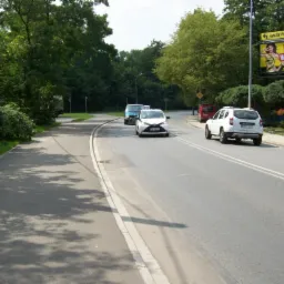 Billboard z reklamą wyprzedaży na tle ulicy z samochodami i zielenią drzew.