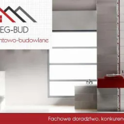 Wizualizacja łazienki z białymi i szarymi płytkami, czerwonym blatem i akcentami, logo firmy Greg-Bud w lewym górnym rogu, dół zdjęcia z tekstem 'Fachowe doradztwo, konkurencyjne ceny'.