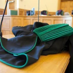 Toga adwokacka z zielonym żabotem leżąca na drewnianym stole w sali sądowej w Lubinie, mikrofon w tle.