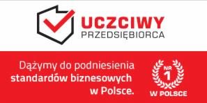 Grafika przedstawiająca logo 'Uczciwy Przedsiębiorca' z czerwoną czcionką na białym tle, a poniżej hasło 'Dążymy do podniesienia standardów biznesowych w Polsce.' na czerwonym tle. Po prawej...