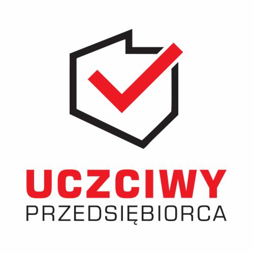 Logo 'Uczciwy Przedsiębiorca' z czerwoną fajką w czarnej obwódce w kształcie domu.
