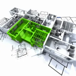 Trójwymiarowy model architektoniczny domu z zaznaczonym na zielono fragmentem instalacji elektrycznej, umieszczony na planach budynku.