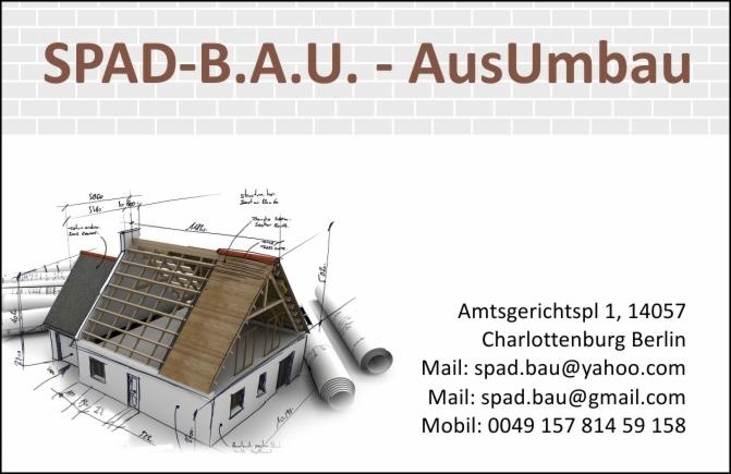 Wizytówka firmy budowlanej SPAD-B.A.U. z adresem, e-mailami i numerem telefonu, przedstawiająca schematyczny rysunek domu w trakcie budowy dachu z widocznymi elementami konstrukcyjnymi.